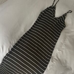 Olive Green and White Striped Spaghetti Strap Dress
